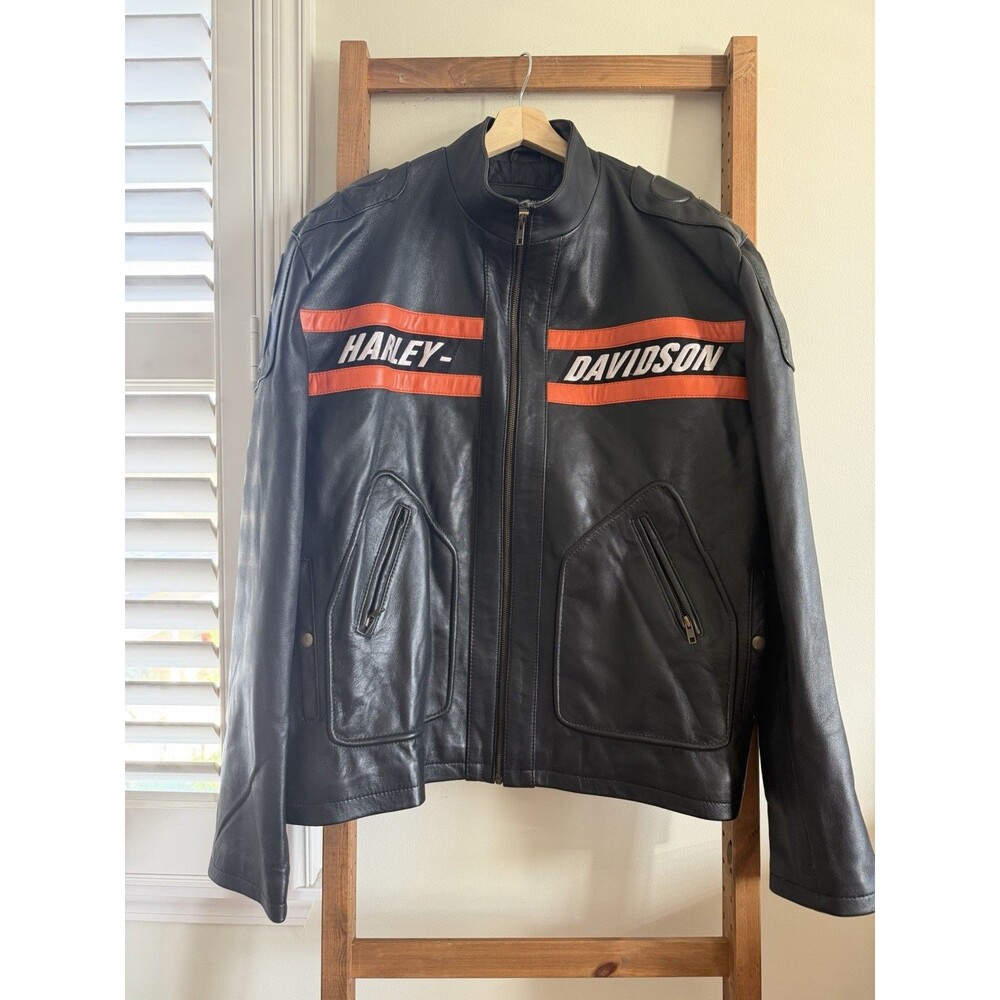 Y2K Harley Davidson Leather Racing Jacket Mens 2XL Bar Black Orange Stripe Biker